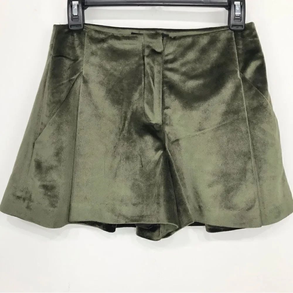 Bellenista Olive Green Velvety Holiday Wide Leg Skirt Shorts